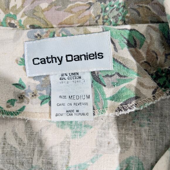 Cathy Daniels Jacket Smock Woman's Medium Linen Blend Green & Tan Floral Pockets - Picture 2 of 9